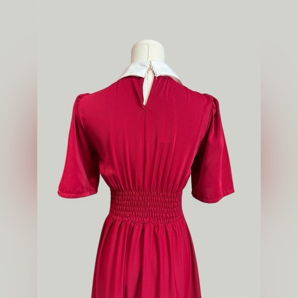 Dress Women Size Small Red Long Exaggerated Collar Puff Sleeves Sinch Waist - Picture 9 of 10